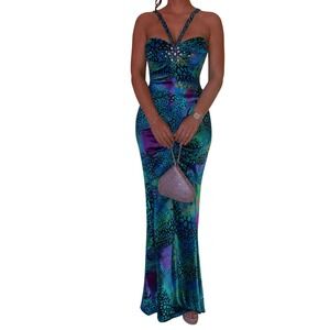 NEW 2000's Xscape Evening Gown Size 8 Teal Purple Beaded Butterfly Mermaid Gown